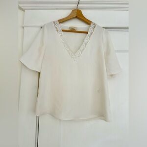 Sézane White Short Sleeve Top with Lace, Size 36